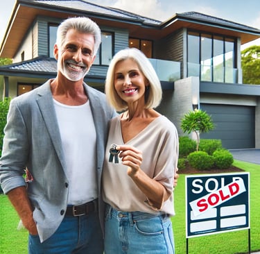 a man and woman standing in front of a sold sign