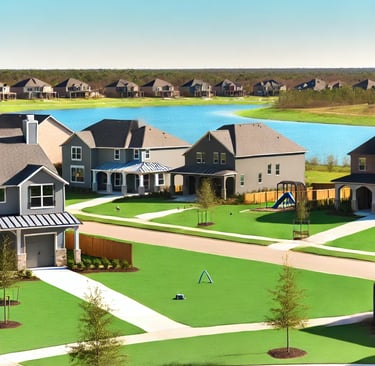 a large house with a pond and a playground area