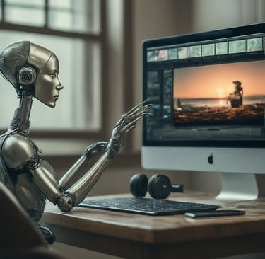 a robot is sitting at a desk with a computer monitor and a keyboard