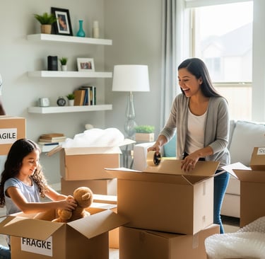 a family moving boxes with a child in a living room