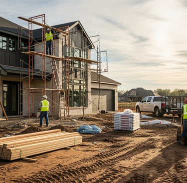 a group of construction workers working on a house