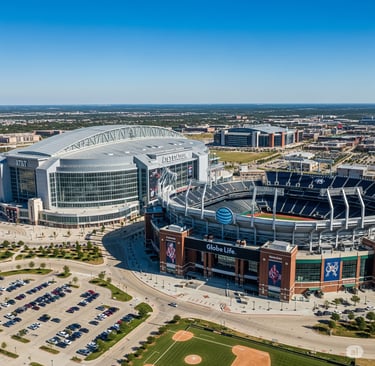Panoramic aerial view of AT&T Stadium and Globe Life Field in Arlington, Texas, showing both iconic