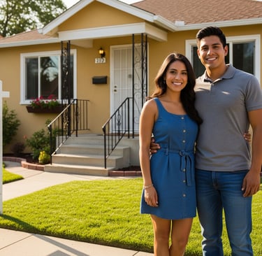 a man and woman standing in front of a for sale sign