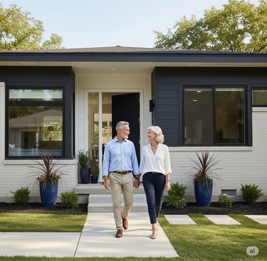 a man and woman walking in front of a house