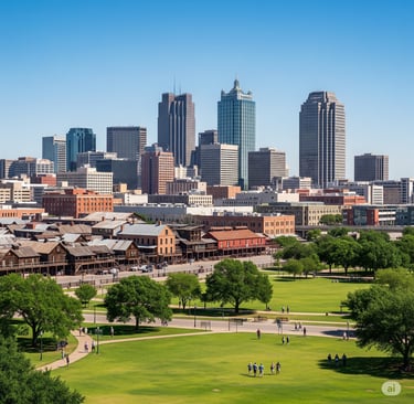 Landscape view of the Fort Worth skyline blending modern downtown skyscrapers with the historic Fort