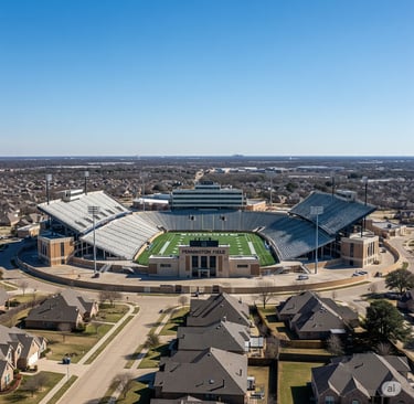 Aerial view of Pennington Field in Bedford, Texas, a large high school football stadium surrounded b