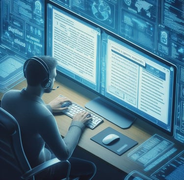 a man sitting at a desk with a computer monitor and a keyboard