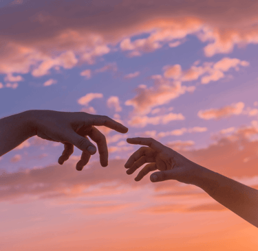two hands reaching out to touch each other with clouds in the backdrop.
