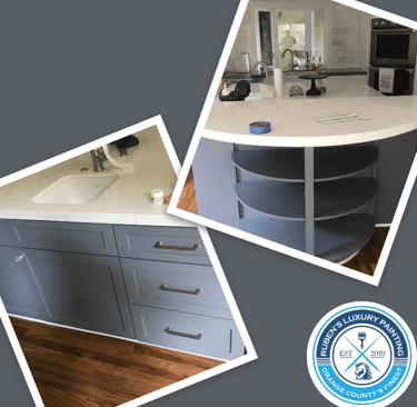 Newly painted blue kitchen cabinets