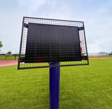 Outdoor field timer with wire mesh protective screen for Fairplay T-830 scoreboard on athletic field