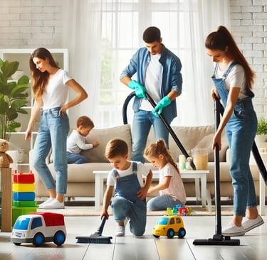 Famille réalisant ensemble le ménage dans le salon.