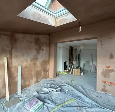 Walls and ceilings plastered using multi finish plaster.