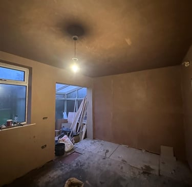 Walls skimmed using multi-finish plaster.