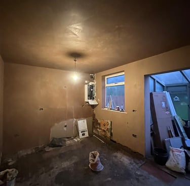 Walls mostly skimmed so that work on the kitchen refit can begin.