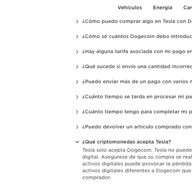 Website de Tesla sobre Dogecoin