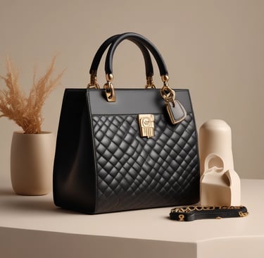 Close-up of a luxurious black quilted handbag with sharp details and cinematic lighting highlighting the texture.