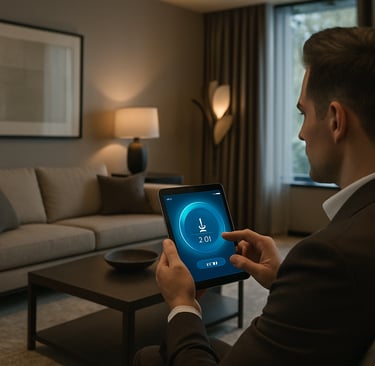 Sala moderna e uma pessoa controlando luz ou climatização por tablet/smartphone 