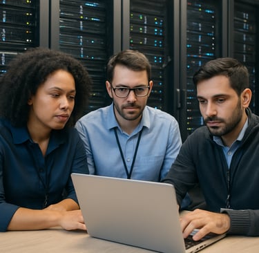 equipe de TI atendendo empresa via notebook, com servidores ao fundo