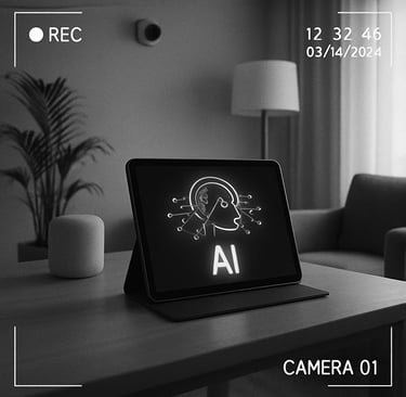 Imagem de câmera de segurança com interface digital (IA), ou sala inteligente com tablet mostrando 