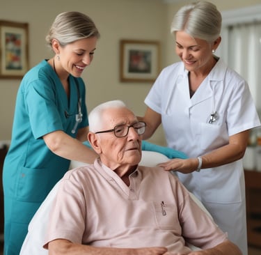 An elderly man sits on a chair beside a bed, holding the hand of a person lying down. The setting is a simple room with plain walls and a window. An intravenous drip is visible, indicating a healthcare environment.