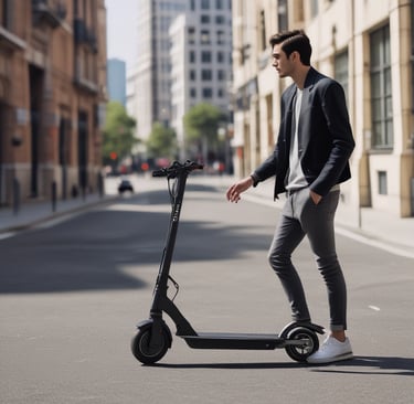 A sleek, modern electric scooter with a white and black color scheme, parked on a paved area next to green shrubs and red-tinted plants. The design is angular with a prominent front light and visible handlebars.