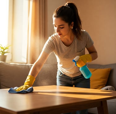 mujer limpiando una mesa de madera