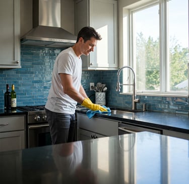 Hombre limpiando la cocina