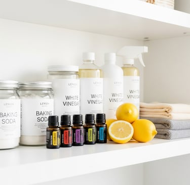 Estantería minimalista con botellas de vinagre blanco, frascos de bicarbonato, aceites esenciales,