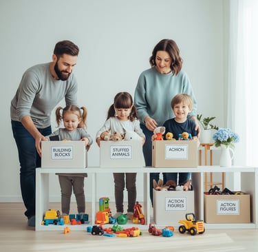 a family of three children with boxes of toys