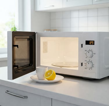Microondas limpio y abierto con interior brillante, medio limón y taza con agua sobre un plato