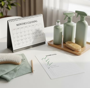 Calendario mensual de limpieza sobre una mesa, junto a productos de limpieza naturales y checklist 