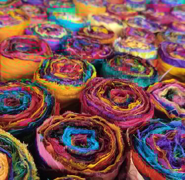 3" recycled sari silk roll, felting, quilting, rug hooking, sari silk, mixed media, evergreen export