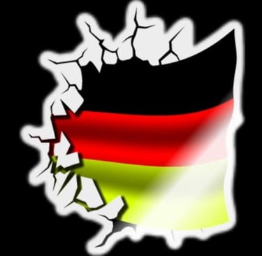 a flag of germany with a broken window
