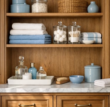 Organized bathroom storage with folded towels and containers