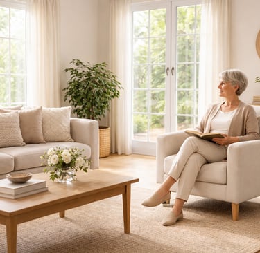 Calm, organized living room with a senior seated comfortably, reflecting a peaceful and well-support