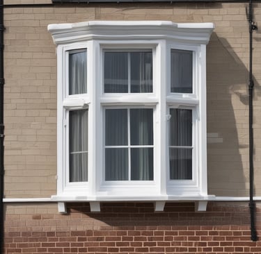 A large, rectangular window with multiple panes arranged in a grid pattern. The glass appears to be frosted or opaque, allowing minimal visibility to the outside. The window has simple metal latches for opening the panes, and there is a small green sign on the left side.