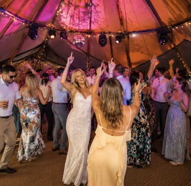 wedding crowd dancing to DJ Funkomatic at Alcott Weddings in Alvechurch