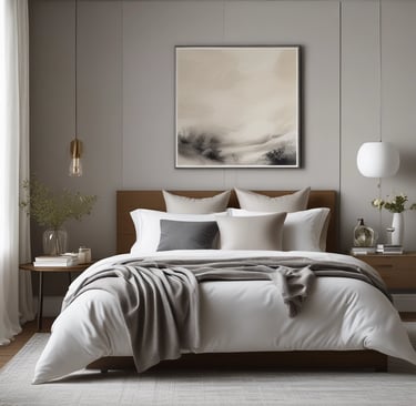A cozy and modern interior space featuring two light blue armchairs adorned with patterned cushions. A stylish pendant lamp hangs from the ceiling, and a unique branch-like wall decor adds an artistic touch. A large painting depicting a vibrant outdoor scene is mounted on the wooden-paneled wall. A sleek floor lamp with a tripod base stands beside the chairs.