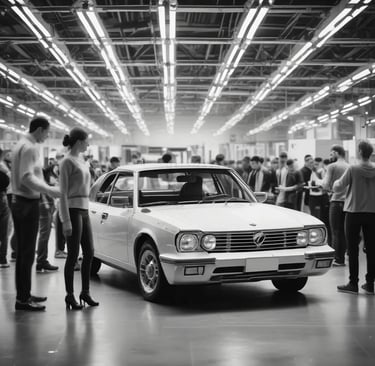 Foto a blanco y negro de unos trabajadores reunidos  alrededor de un auto blanco el cual admiran.