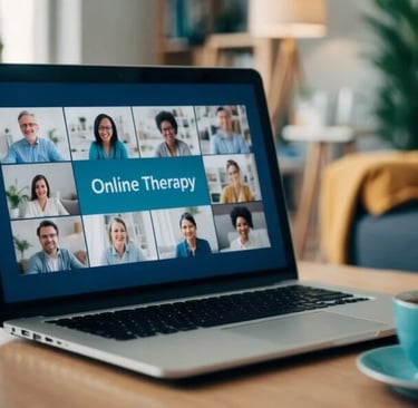 Open laptop computer showing 10 people around perimeter and the words "Online Therapy" in center