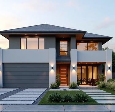 a modern house with a large driveway and concrete slab walkway