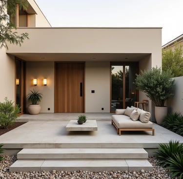 a modern concrete patio with a couch