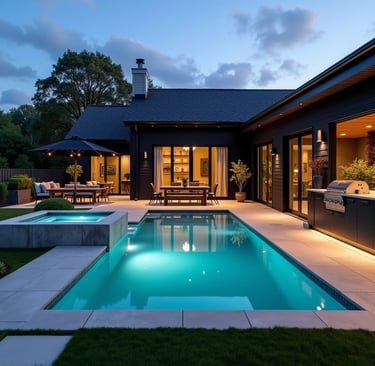 a pool with a concrete deck and patio and grill station