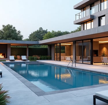 a pool with lounge chairs and a fire place