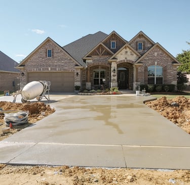 a brick house with newly constructed concrete driveway