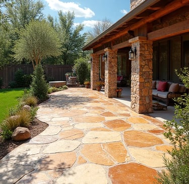 a patio with a stamped concrete finished