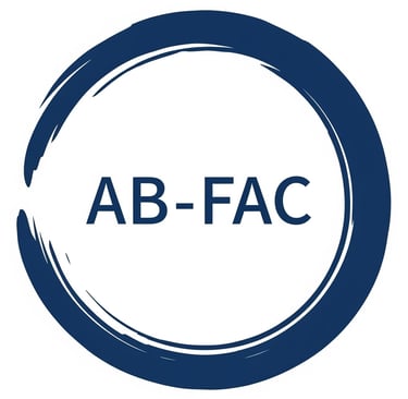Le logo bleu de la société : le nom AB-FAC au centre d'un enso, symbole zen associé à la qualité