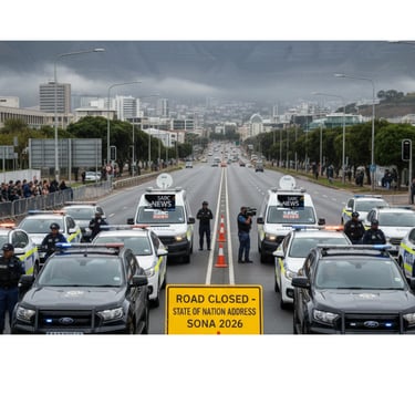 Vehicles depicting news and journalists vehicles, police and road closed sign
