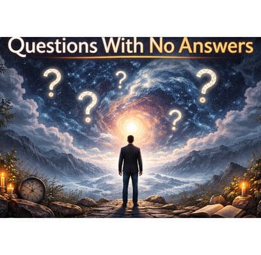 Man and a clock and full of question marks.