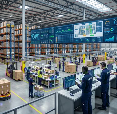 "Centro logístico integrado com painéis de dados digitais e equipe em operação."